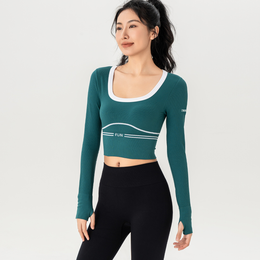 (2개) 가을과 겨울 피트니스 트레이닝 긴팔 콘트라스트 컬러 화이트 에지 고정 컵 러닝 스포츠 요가 상의 여성용 요가복