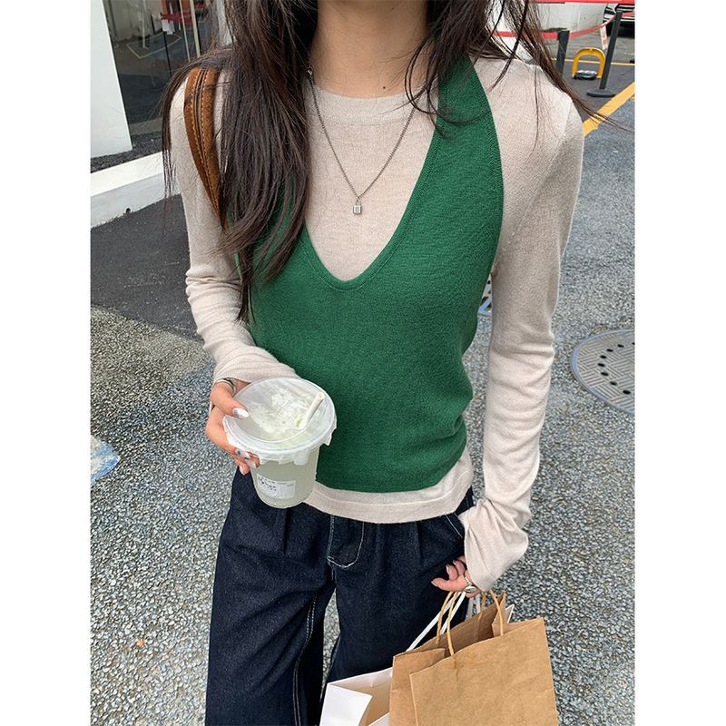 Guangzhou Huang Zheng's Early Autumn Outfit Tops Korean Style Woolen Two-Piece Long-Sleeved Knitwear 530067