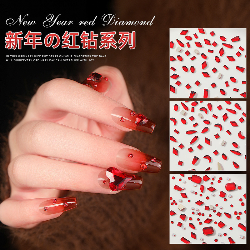 Taladro de uñas flash 2023 vino rojo de lujo plano especial en forma de diamante torcido corazón octagonal pila diamante puntiagudo Fondo diamante rojo diamante mezclado al por mayor