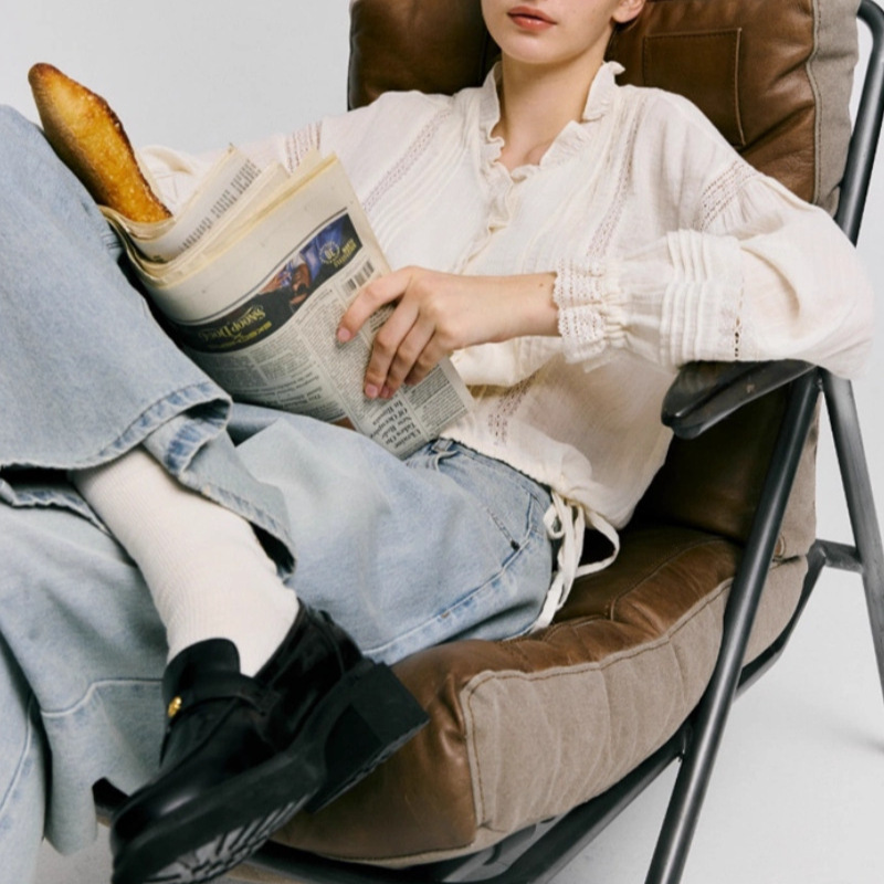 Korean De*Po*Und Ruffled Cotton Lace Long-Sleeved Shirt for Women