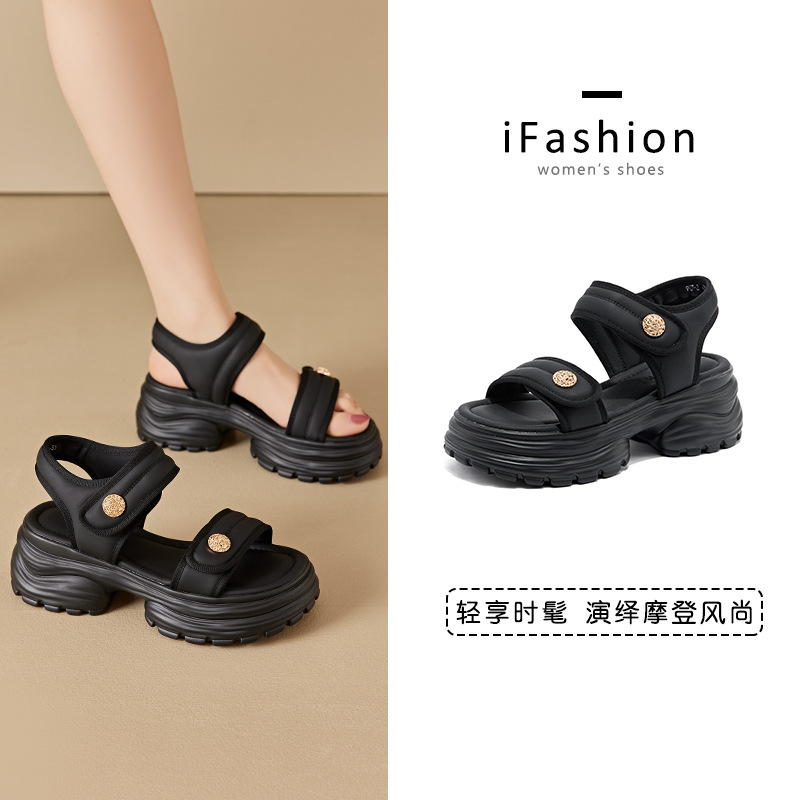 Chao no sur ~ sandalias de fondo grueso para mujeres verano 2024 nuevos zapatos casuales de velcro huecos aumentan la altura de los zapatos romanos para mujeres