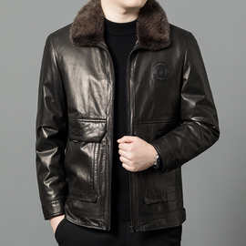 可脱卸羽绒内胆男士皮衣山羊皮水貂毛领皮草中年翻领油蜡外套