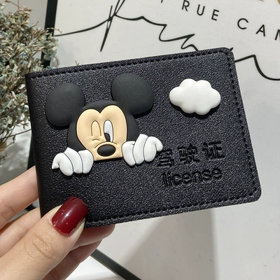 Multimediya və saxlama aksesuarları, license leather case female driving - right-driving-black-cover-small-lying-mickey-white-clouds-2-card-position