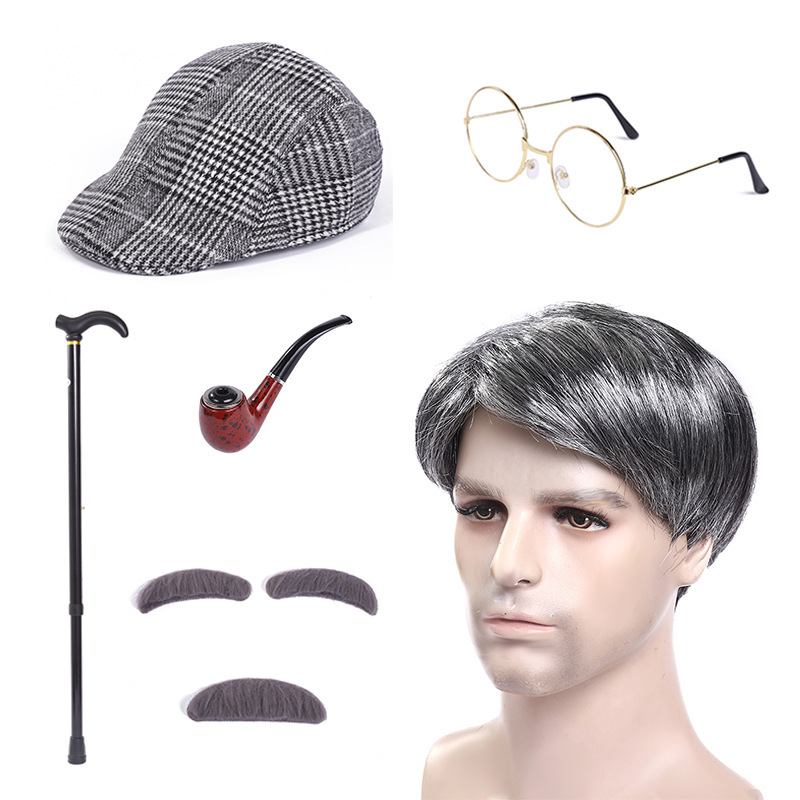 cosplay Grandpa Wig Beard Halloween Middle-aged Silver Black Wig Stage Dress Wig Wholesale