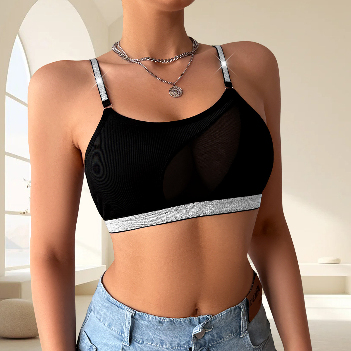 Color Block Pattern 3/4 Cup Bra Cup Color Block Fixed Straps Sexy Nylon Cotton All Seasons Sexy Lingerie Bras