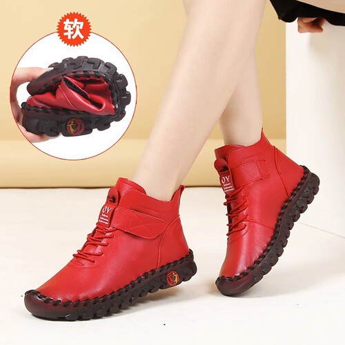 Women's cotton shoes, flat-soled autumn/winter boots with cow tendon soles—comfortable, non-slip, mom-friendly shoes, fleece-lined, versatile, casual, Velcro-fastened boots.