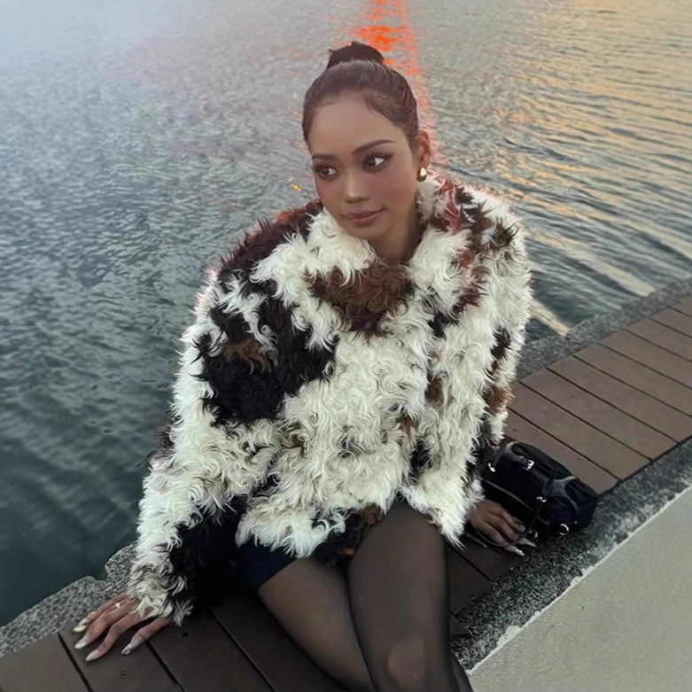 European and American Cross-Border Vintage Color-Blocked Painted Fox Fur Short Coat Autumn and Winter Hot Girl Fur Coat