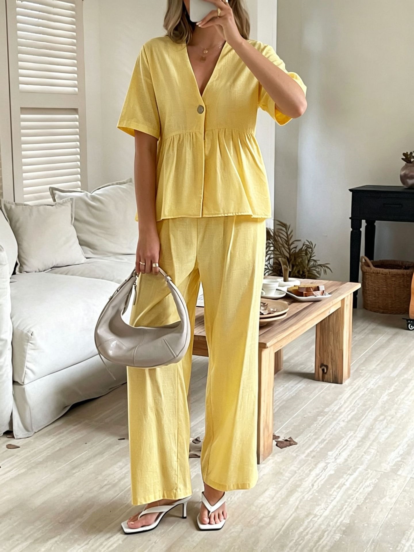 Women's Clothing Fashion Elegant Two Piece Set V Neck Loose Short Sleeved Top And Wide Leg Pants For Formal & Casual For Women_ecoleips.com