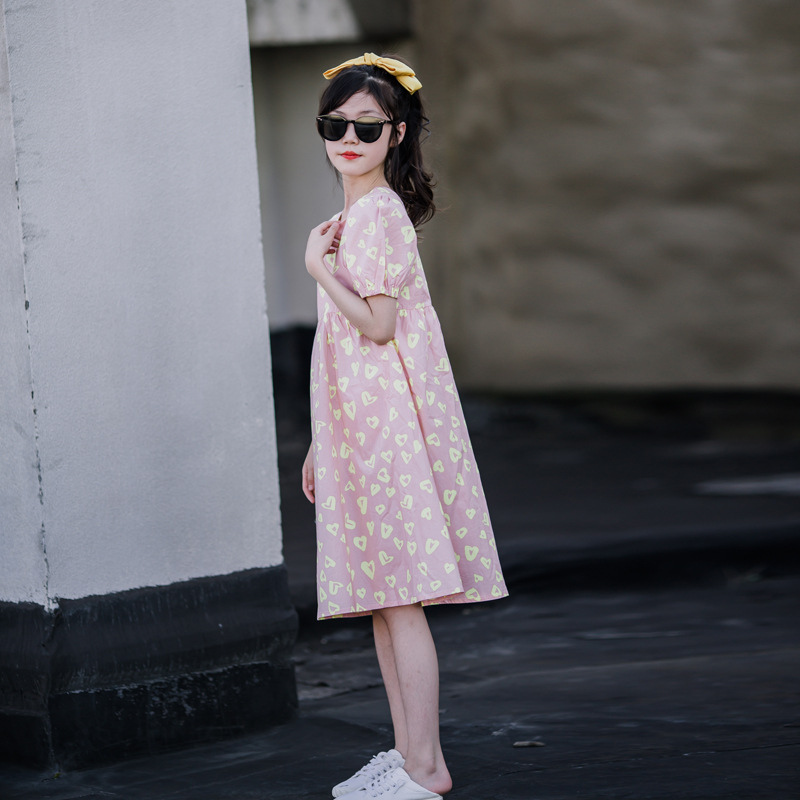 Vestido de niña estilo coreano 2024 verano, nueva ropa infantil elegante, vestido infantil de algodón puro estampado, transpirable y delgado.