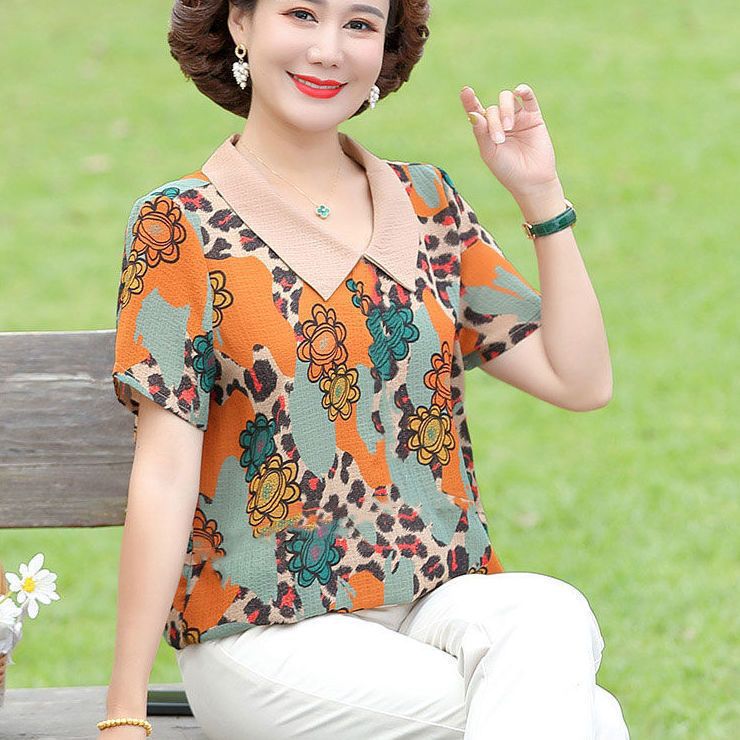 工厂批发新款时尚遮肚显瘦女衫夏季减龄妈妈款雪纺衫宽松显瘦衬衫