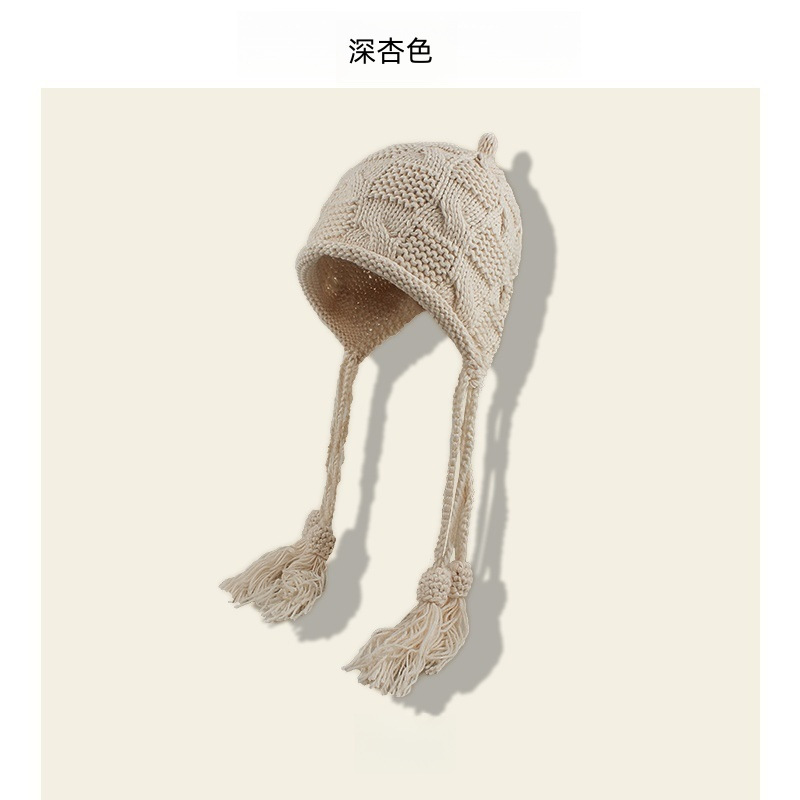 2025新款时尚贴布流苏红色毛线帽子女士秋冬季保暖手工辫子针织帽|undefined