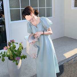 法式蓝色泡泡袖连衣裙女夏季2026新款宽松慵懒松弛感遮肚显瘦长裙