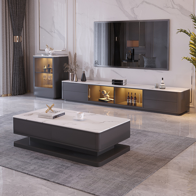 Slate Coffee Table Tv Cabinet Combination Small Apartment Simple Modern Home Solid Wood Rectangular Floor Cabinet Set Storage