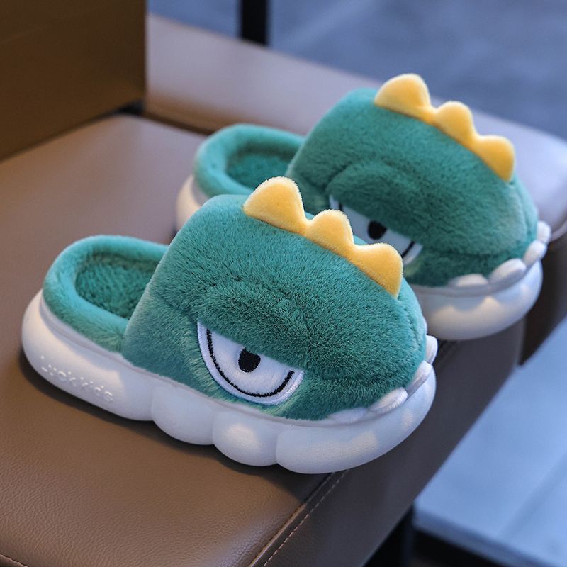 Otoño y invierno zapatillas de algodón para niños dinosaurios cálidos y bolsas de pelusa con zapatos de algodón antideslizantes para niños caseros