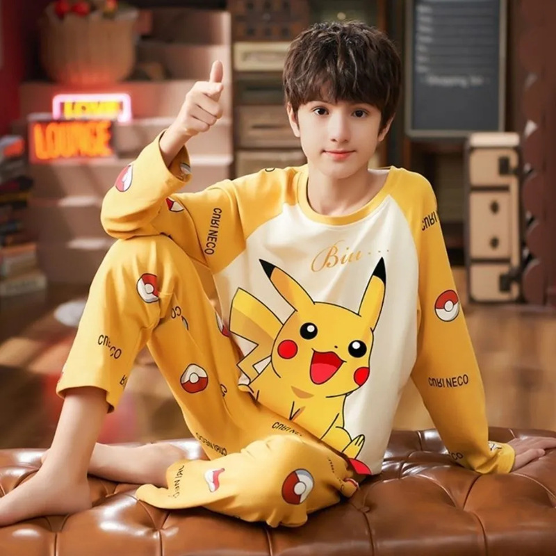 New children's pajamas for spring and autumn, boys' cartoon thin long-sleeved pajamas for middle and large children and primary school students, air-conditioned home wear set for summer.