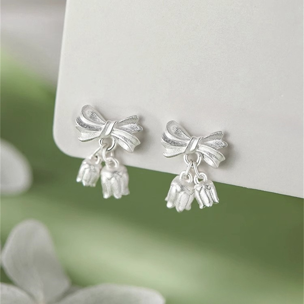 鈴蘭花蝴蝶結耳釘女925純銀小眾甜美高級感輕奢氣質耳環2024新款