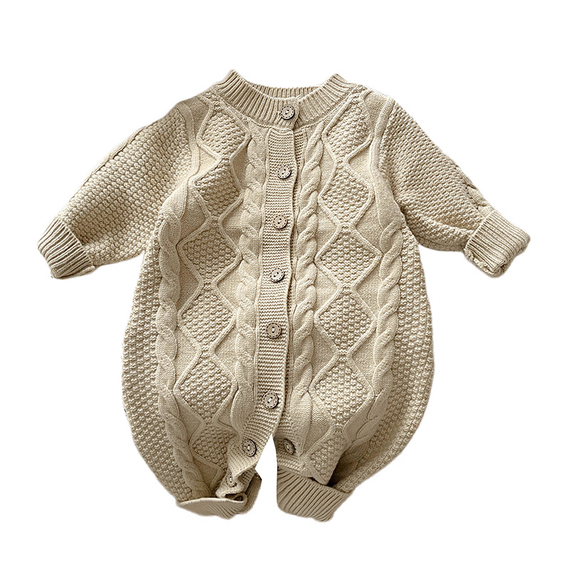 Conjunto de otoño e invierno de una pieza de punto para bebé de estilo coreano para niños y niñas, mameluco largo de punto grueso, súper lindo y elegante para salir.