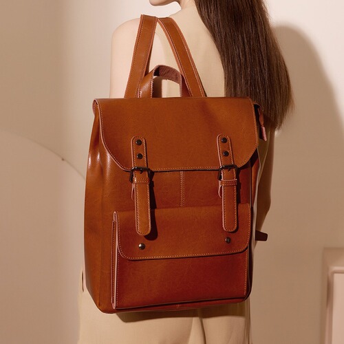 Large Capacity Women's Dual Strap Bag British Style Retro Neutral Double Strap Bag Genuine Leather Durable Calfskin Computer Backpack College Style