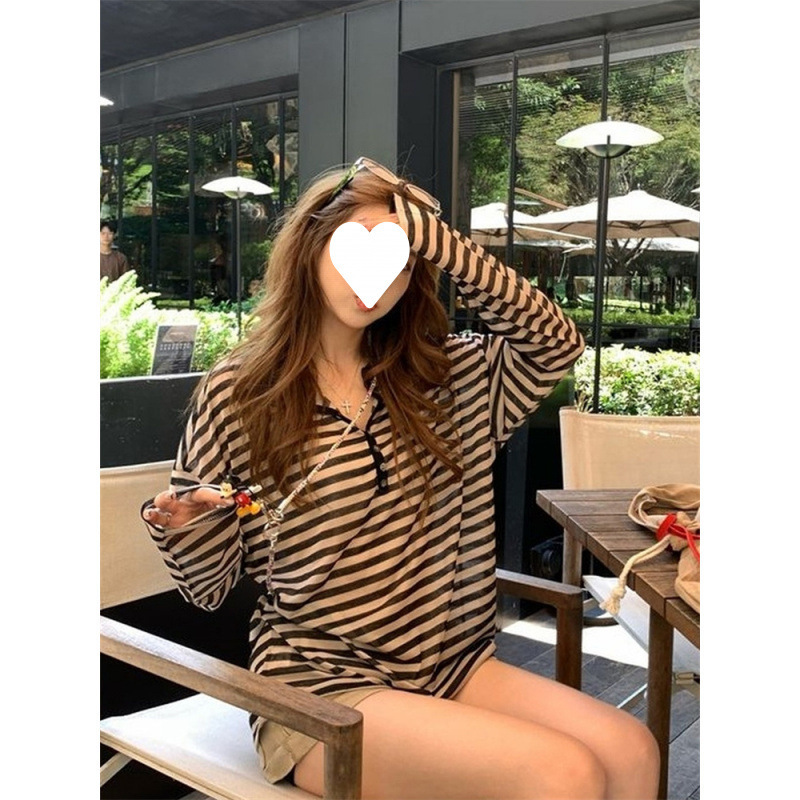 工厂批发慵懒风宽松显瘦上衣女秋季小众设计薄款长袖条纹显瘦T恤|undefined