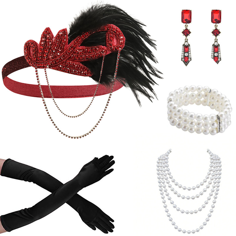 1920S Great Gatsby Style Black Feather Headband and Pearl Jewelry Set Cross-Border Supply Amazon 1920S Great Gatsby Style Black Feather Headband and Pearl Jewelry Set Cross-Border Supply Amazon
