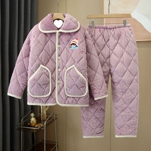 甜美可外穿加大家居服女冬季珊瑚绒夹棉三层加绒加厚保暖睡衣套装