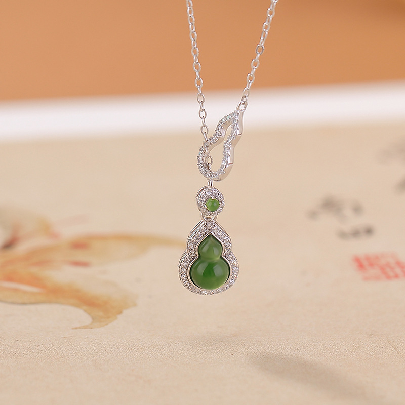 Dây chuyền bạc S925 mạ vàng mặt ngọc Hetian hình quả bầu hạt Fulu — Mẫu bạc (bao gồm cả dây chuyền)
