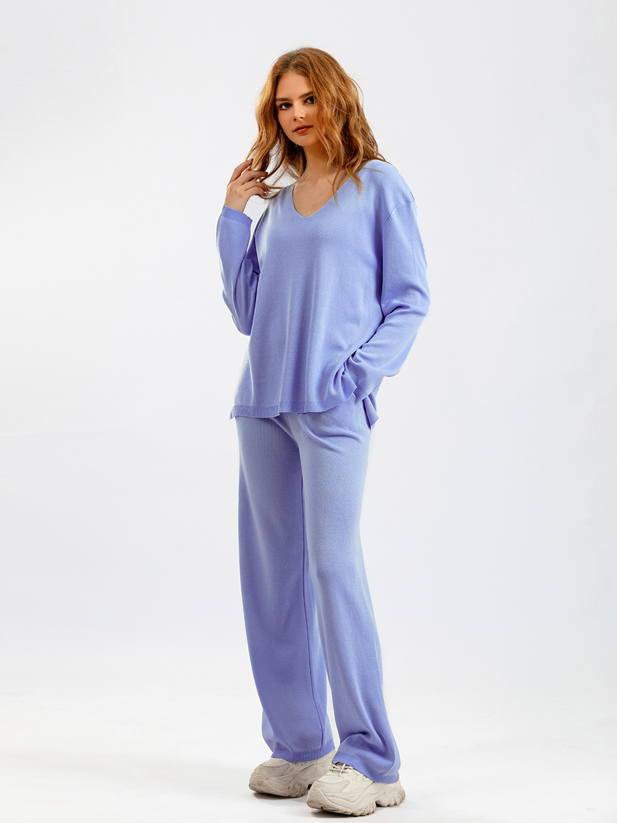 Solid Color V neck Ice Silk Suit Spring Autumn Loose High Waist Casual Two Piece Sweater