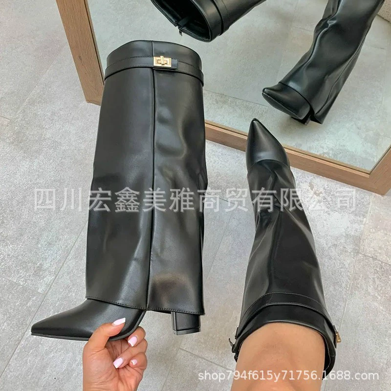 Внешняя торговля женская обувь новый остроконечный большой цилиндр прямой металлической пряжки