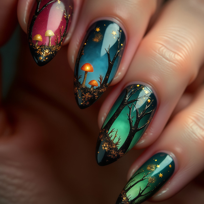Almond Nails Cool Mushroom Black Mushroom Forest Design Wearable Nails Glossy Fake Nails Removable Manicure
