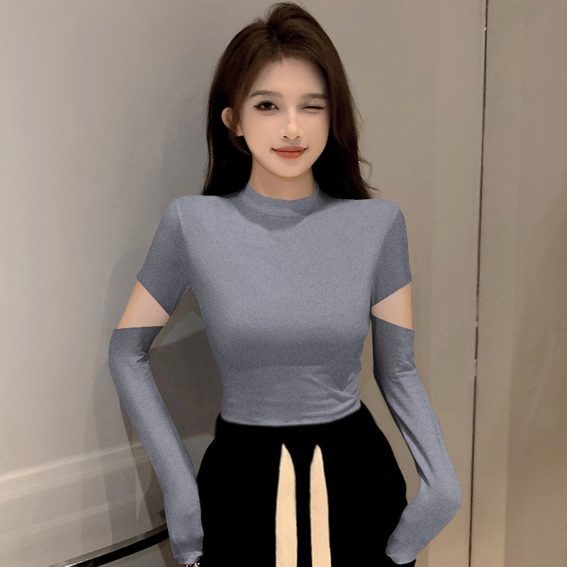 螺纹黑色半高领打底衫女春秋内搭针织短款长袖t恤破洞紧身上衣潮|undefined