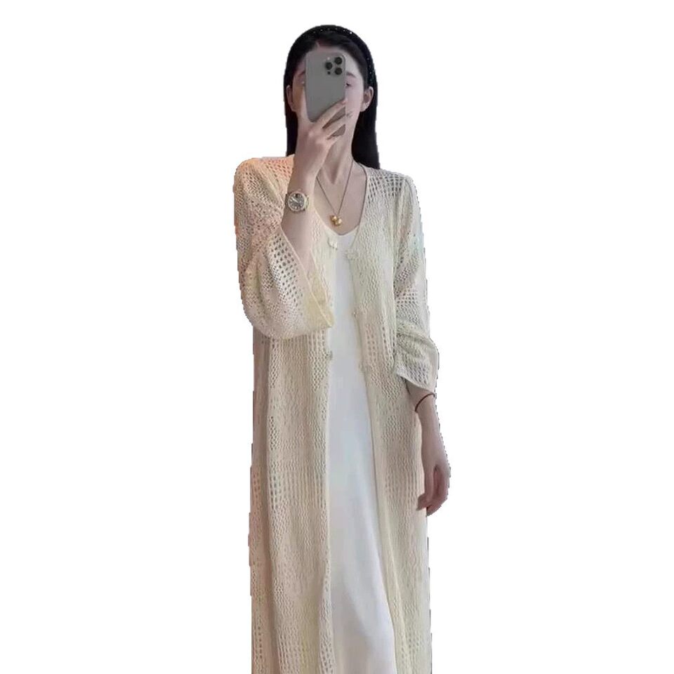 Áo cardigan dệt kim dáng dài nữ thiết kế khoét lỗ, cổ chữ V, tay dài, phong cách thanh lịch — Màu be 【Nâng cấp chất liệu vải cao cấp】