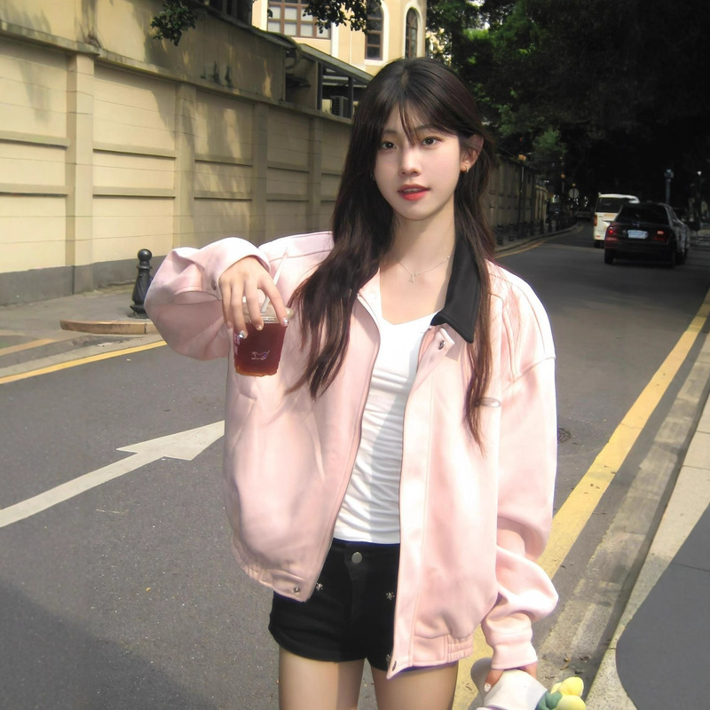 甜美风粉色翻领休闲夹克上衣女早秋小众设计感宽松美式棒球服外套|undefined