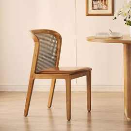 藤编中古实木餐椅客厅餐厅皮垫靠背椅复古设计师家具现代简约椅子