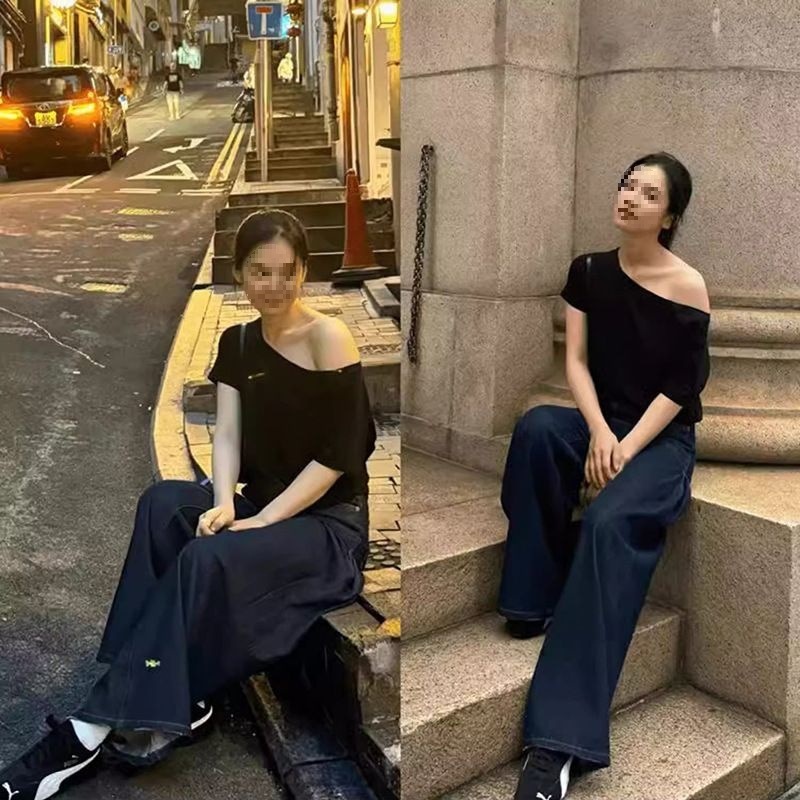 張京儀と同じスタイルのオフショルダー半袖レディースオフショルダーTシャツ夏純粋な欲望ホットガールルーズブラックワンショルダートップ|undefined