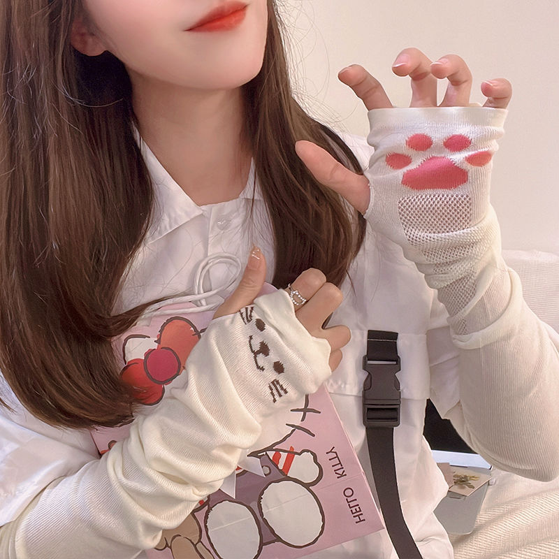 일본풍 귀엽고 달콤한 고양이 발 모양 자외선 차단 슬리브, 여름철 UV 차단 JK 팔토시, 학생용 아이스 슬리브 장갑