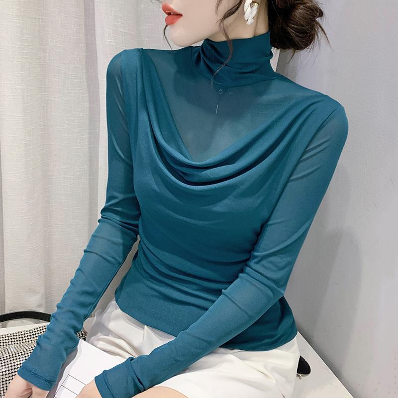 欧货2022秋新款高领网纱打底衫女修身性感假两件荡领长袖T恤女潮