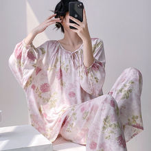 棉绸睡衣女夏季长袖冰丝质感亲肤透气绵绸家居服空调服套装春秋薄