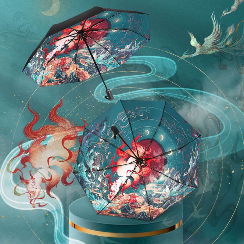 Nine-Tailed Fox Umbrella, Rain or Shine, Summer Travel Folding Parasol, Chinese Style, Compact, Portable, Sun Protection and Purple Protection