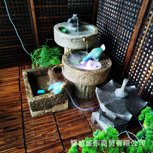 新款日式流水石钵花园水景造景景观庭院枯山水 自然石头盆竹子摆