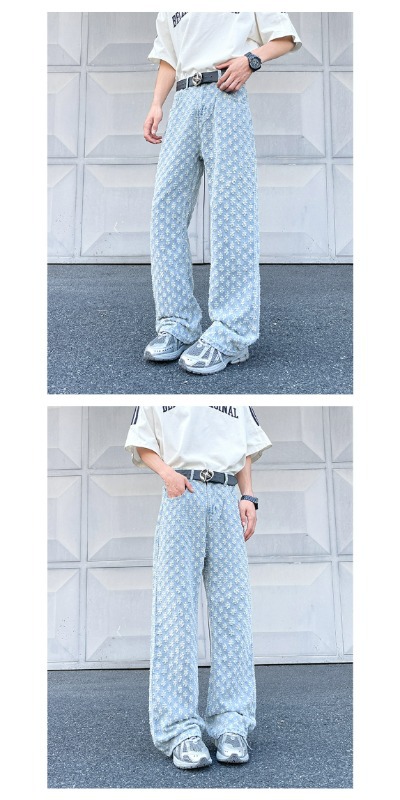 Men's Blue Jacquard Pattern Straight Jeans Flared High Street_voghion.com