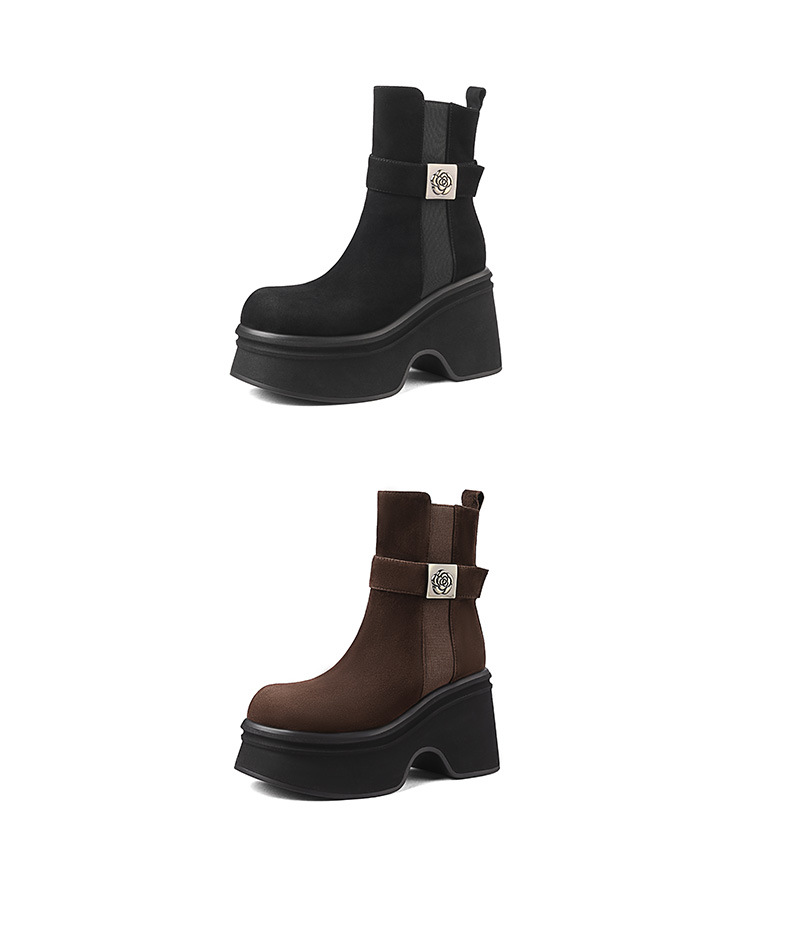 Boot nữ cổ thấp đế platform da lộn gót vuông 9 cm hoa sơn trà kim loại — màu đen, màu cà phê chi tiết 14
