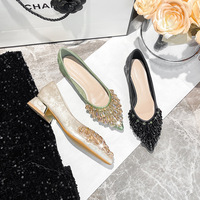 New Chinese style pointed rough single order shoes for women, new shallow mouth beaded rhinestone mid heel wedding shoes