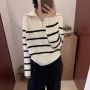 宽松立领条纹拼色毛衣