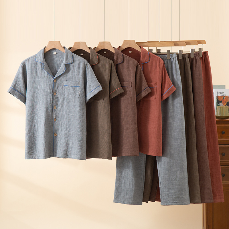 반팔 바지 남성면 파자마 여름 새로운 더블 레이어 원사 코튼 반팔 바지 세트 피부 친화적 인 통기성