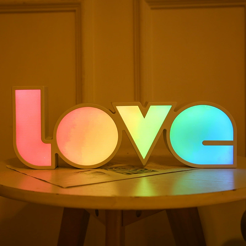 LED English‑letter decoration "LOVE", multicolor gradient sign, 40×20×6 cm, Valentine’s proposal decor