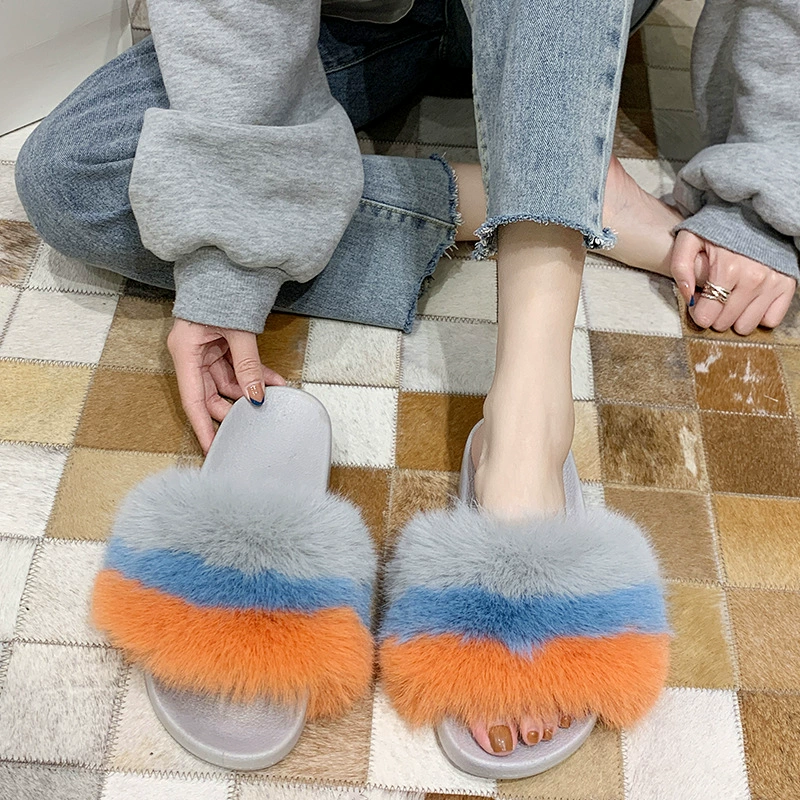 2023 Осенне-зимние новые корейские тапочки Мао с цветными блоками, женские уличные Повседневные тапочки на плоской подошве, домашние хлопковые тапочки