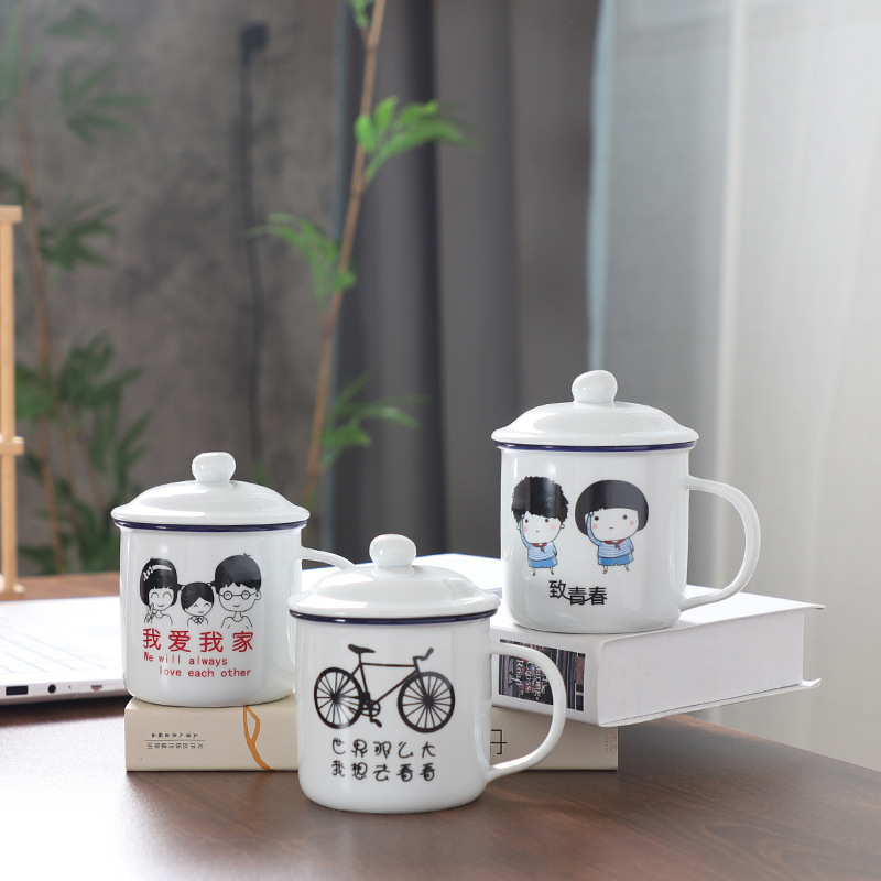 Imitation enamel cup nostalgic retro ceramic cup Cup Cup with lid creative mug gift souvenir design logo