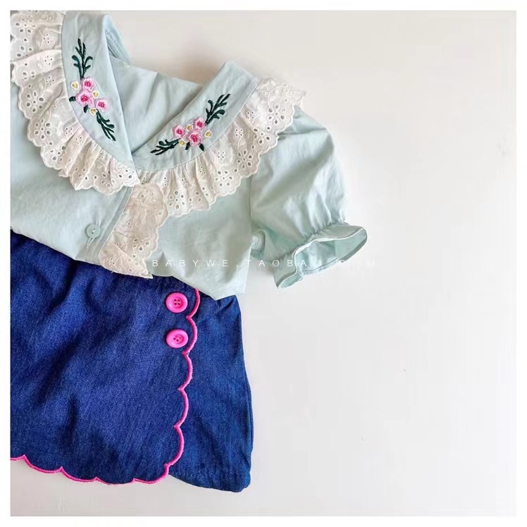 Camisa de manga corta para niñas camisa de muñeca de encaje bordado verano estilo coreano bebé niñas lindo algodón puff manga superior