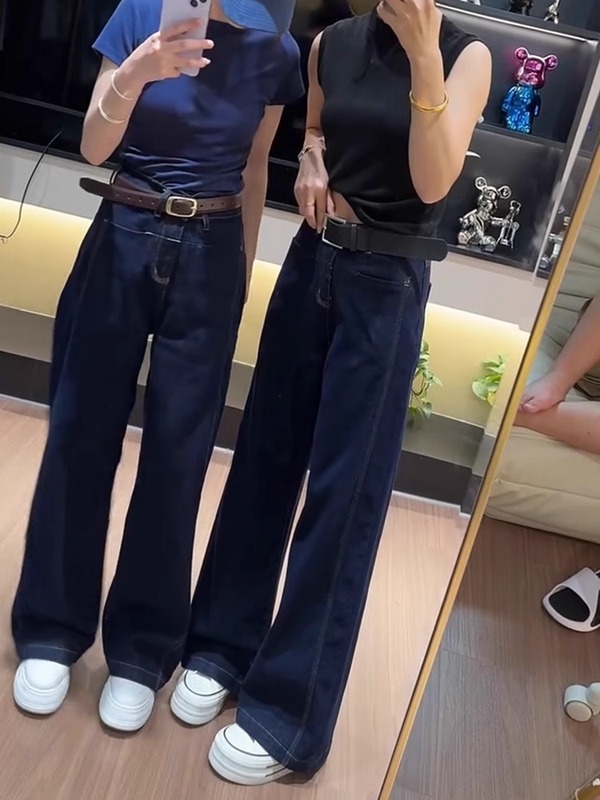 大码女装2025春秋新款高腰直筒牛仔裤女胖mm宽松显瘦阔腿拖地长裤|undefined
