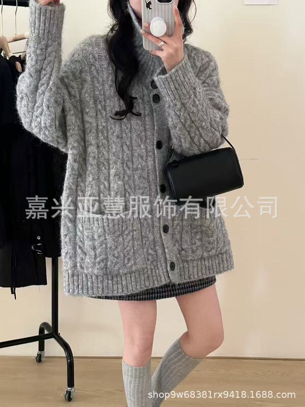 爆款粗线加厚毛衣外套宽松慵懒风麻花上衣针织开衫女可加狐狸毛毛|undefined